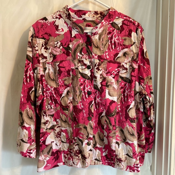 Christopher‎ Banks Womens Jacket Size XL Pink Tan Floral Linen Blend 3/4 Sleeve - Picture 1 of 8
